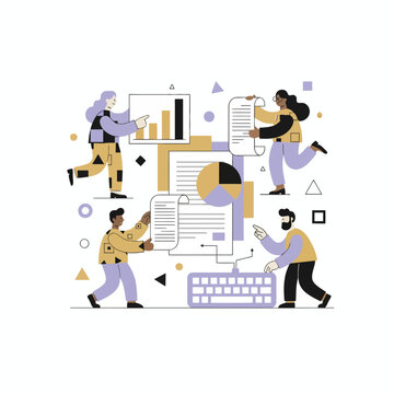 Modern flat vector illustration of a diverse professional team collaborating on data analysis, featuring interactive charts, graphs, and digital reports.