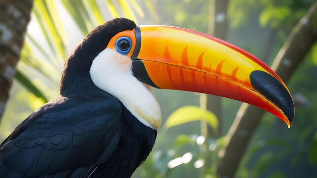 Close up of a toco toucan with its distinctive large bill in a lush tropical environment