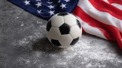 Fototapeta premium Soccer Ball on Gray Surface with American Flag Background for Sport and Patriotism Themes in Lifestyle and Leisure Contexts