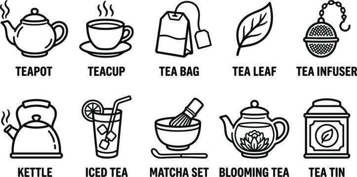 Set of tea preparation and serving items, outline style, on transparent background.
