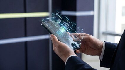 Fototapeta na wymiar Business executive holding smartphone with holographic battery dashboard showing mobile power monitoring, smart charging analytics, energy management and battery optimization concept interface