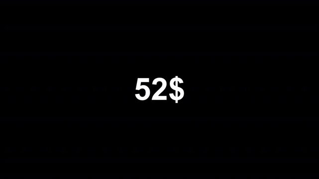 dollar counter animation from 0 to 60 on a black background. dollar calculating from zero to sixty dollar counter animation on black background