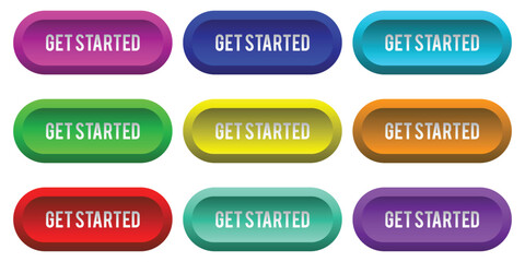 Fototapeta premium A collection of nine get started buttons in various colors including red orange yellow green blue purple with colorful interface internet software