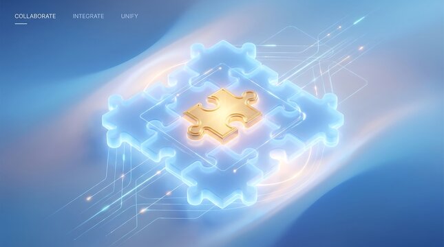 Jigsaw puzzle piece glowing in the center represents a crucial solution being integrated into a digital architecture to show how team collaboration brings complex parts together perfectly.
