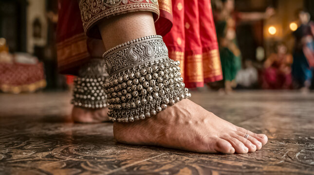 Close up of intricate silver anklets worn by a traditional indian classical dancer