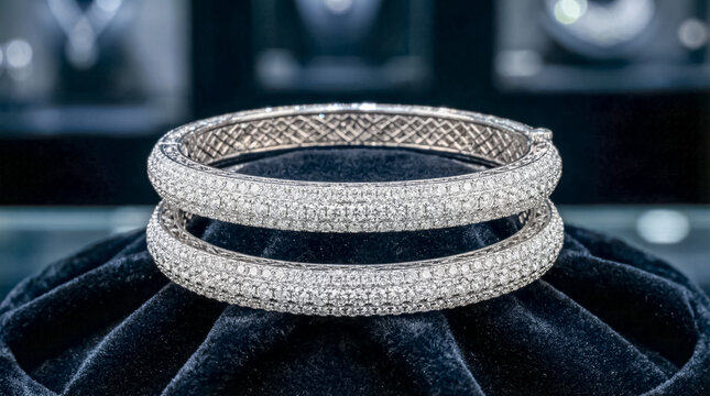 Elegant pair of diamond bangles displayed on luxurious dark velvet material