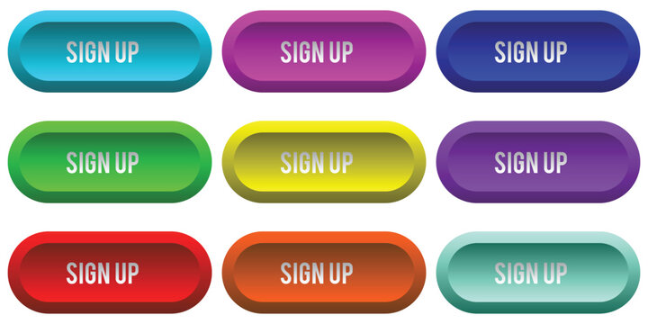 A collection of nine and colorful sign up button designs with rounded corners and bold white text colorful interface experience clickable