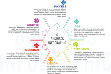 Obraz premium 6 Step Business Infographic Hex Diagram Path to Success Workflow Template.eps