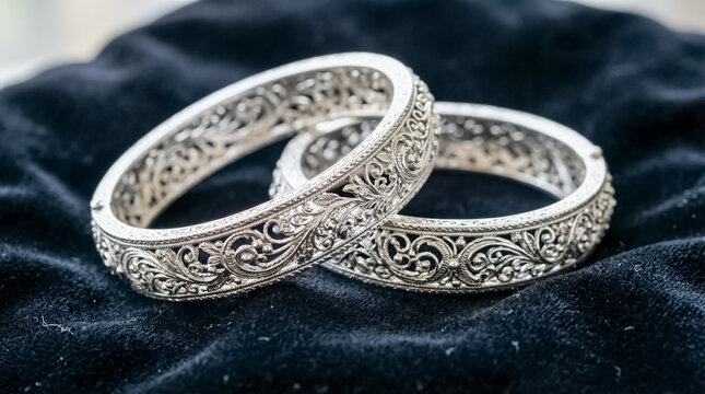 Exquisite intricately detailed antique silver bangles resting on dark velvet fabric