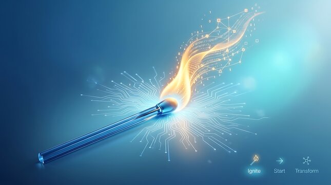 Matchstick lying horizontally emits a glowing digital trail of fire that signifies the initialization of new projects and the technical pathways required for successful business transformation.