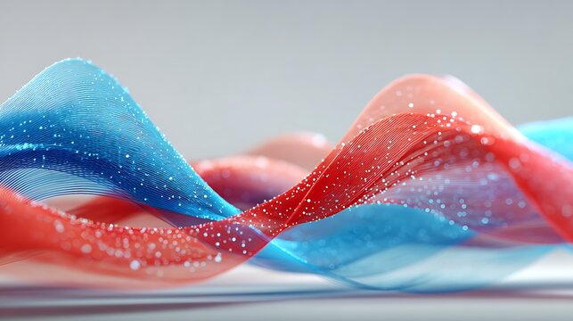 Abstract wavy ribbons in red, blue, and coral with sparkling effects against a blurred backdrop