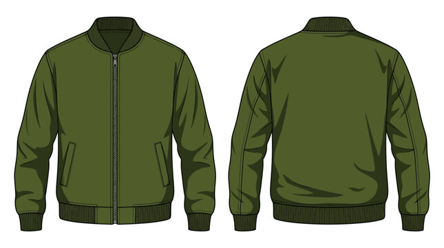 Blank army green bomber jacket mockup front and back view, flat vector technical apparel illustration isolated on transparent background