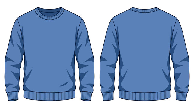 Blank blue crewneck sweatshirt mockup front and back view, flat vector technical apparel illustration isolated on transparent background