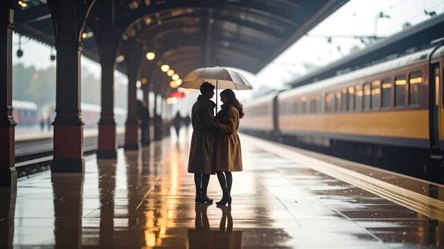 Couple shields from rain under umbrella at train station. Train and architecture backdrop