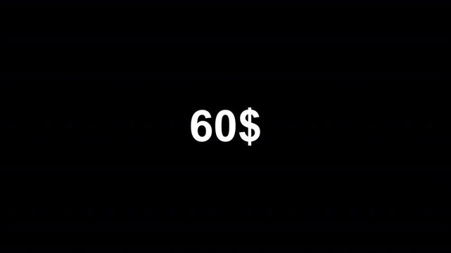 dollar counter animation from 0 to 70 on a black background. dollar calculating from zero to seventy dollar counter animation on black background