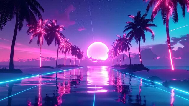 Neon palm trees on a reflective beach with a sunset