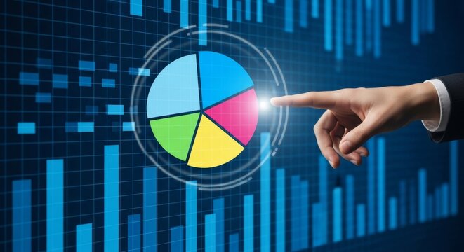 Investor hand touches pie chart hologram. Digital financial dashboard displays blue bar graph for portfolio asset allocation strategy, wealth management, and stock market investment growth.