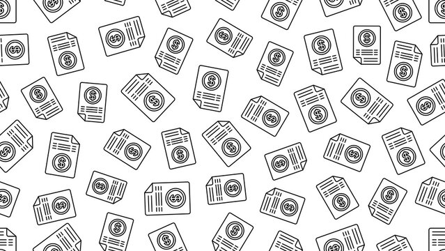 Seamless vector pattern featuring stroke outline document icons with dollar symbols on a transparent background for financial fee or payment concepts. Business pattern backdrop or financial wallpaper.
