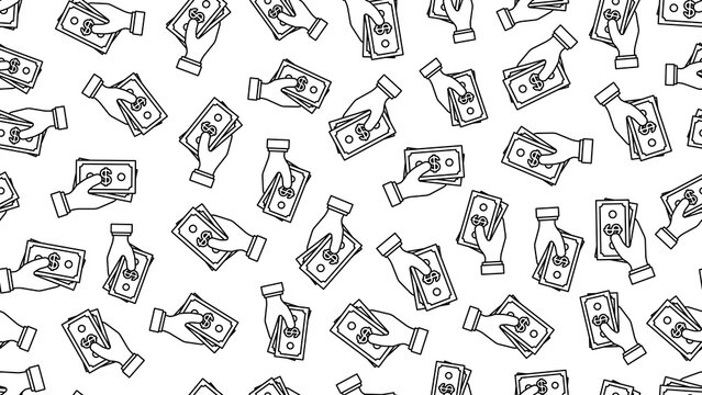 Seamless vector pattern featuring stroke outline icons of a hand holding dollar notes on a transparent background symbolizing financial fees and payments. Business pattern and financial background.