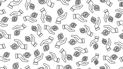 Fototapeta premium Seamless vector pattern featuring outline icons of a business hand holding a dollar coin with a curved income arrow on a transparent background for business income concepts. Fintech pattern backdrop.