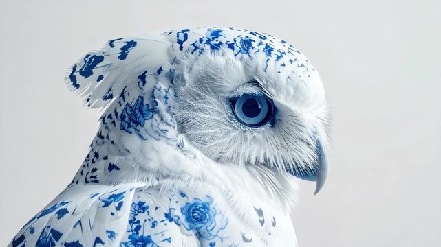 A white owl, decorated with blue floral patterns, on a clean background