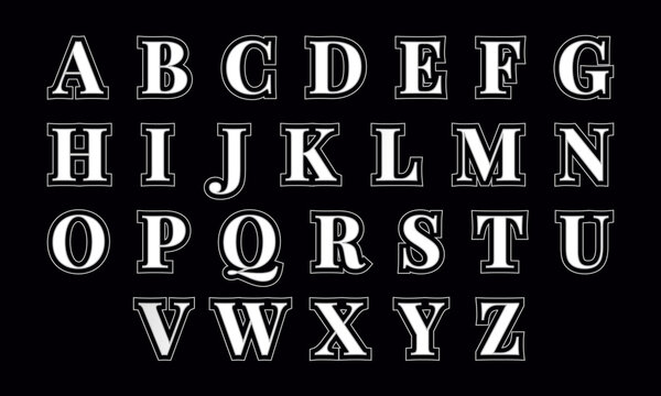 Elegant A&ndash;Z uppercase alphabet set designed with offset path technique and white gradient effects on a deep black background.