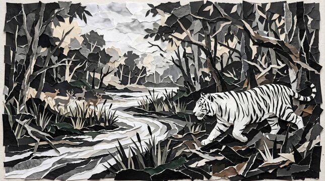 White tiger walking in forest with river, handmade paper cut wildlife collage illustration, wild animals in the woods