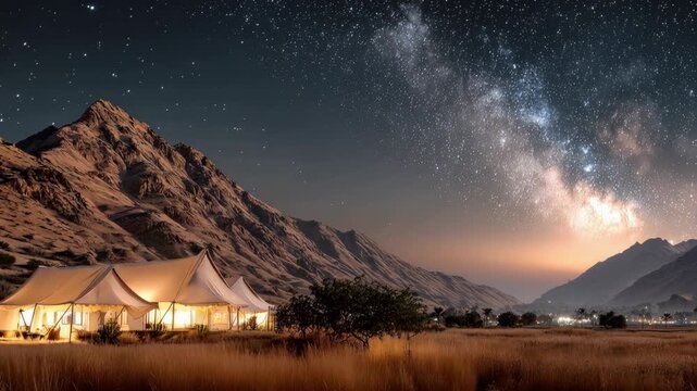 Warmly lit Bedouin tents glow beneath a sweeping Milky Way over rugged mountains, a serene desert night evoking spiritual celebration, pilgrimage and communal gathering