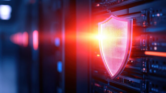 A glowing shield logo amidst server racks highlights cybersecurity in a digital landscape