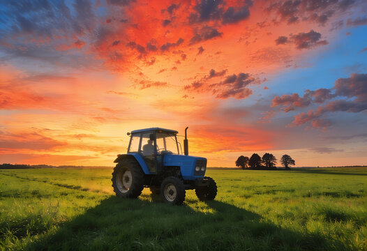  A blue tractor drives across a green field at sunset. Agriculture, sowing.