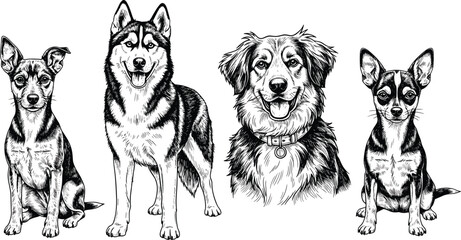 Dog Breed Illustration Set featuring Chihuahua, Husky, Border Collie, and Miniature Dog for Pet and Animal Designs © Abdur