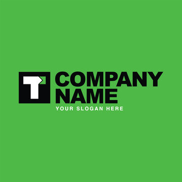 Professional vector logo featuring a white letter T in a black square with a green upward arrow. Logo placed on the green background. Minimalist design representing growth, progress, and success for t