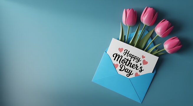 A beautiful mother's day card with vibrant pink tulips peeking out of a bright blue envelope celebrating maternal love