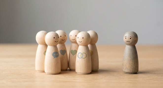 Group of happy wooden figures and one sad figure