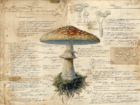 Antique botanical illustration of a poisonous mushroom species (like Amanita), with scientific labels and handwritten notes. Stained paper background