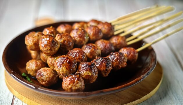 grilled meatballs on skewers popularly known as bakso bakar present a delicious snack option for gatherings and outdoor events showcasing the delightful flavor of grilled meatballs