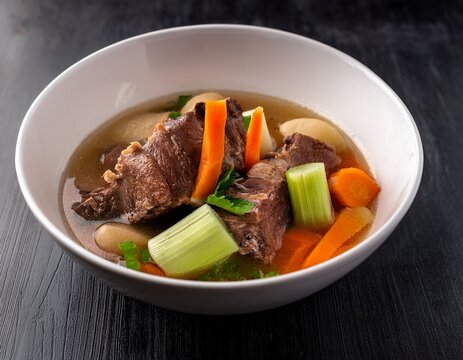 sop iga beef ribs soup made from ribs carrots leeks served in white bowl indonesian food