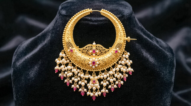 Intricate gold nose ring featuring delicate ruby stones and dangling white pearls