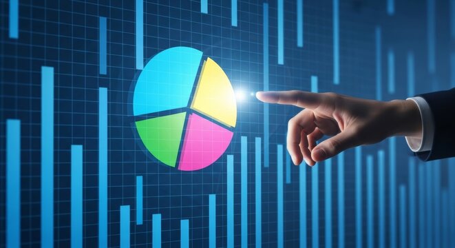 Robotic hand touching digital pie chart for AI investment portfolio asset allocation financial risk management and future technology business strategy concept