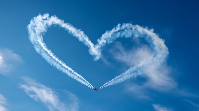 Aerobatic plane trails form heart shape against bright blue sky, with white contrails