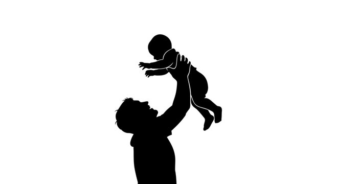 Silhouette of a father lifting his baby high in the air.