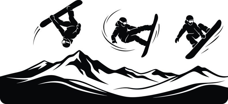 Snowboarders performing tricks silhouette, dynamic snowboarding mountain range vector, winter sports extreme stunts illustration, snowboarder jumping silhouette isolated on white background