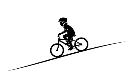 Fototapeta premium Black silhouette of a child riding a bicycle uphill.