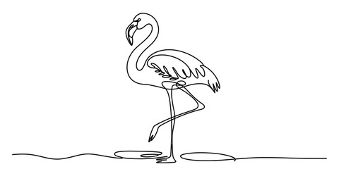 Continuous single line drawing of a flamingo bird standing on one leg in a minimalist artistic style Vector, illustration © Nebaron