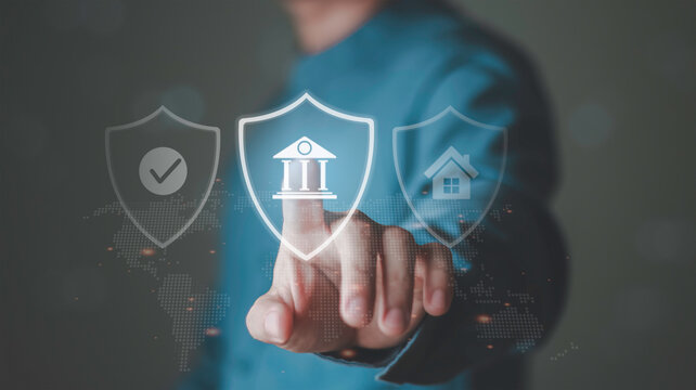 Financial security and asset protection, risk management, secure investment, financial stability and protection system in modern business environment. banking, insurance and home icons inside shield