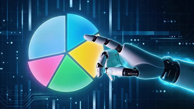 Robotic hand touching digital pie chart for AI investment portfolio asset allocation financial risk management and future technology business strategy concept