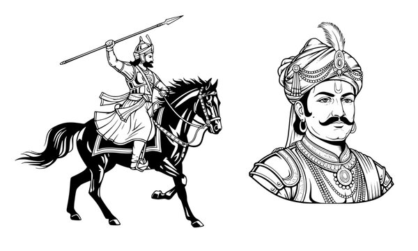 Maharana Pratap Black and White Illustration of the Brave Rajput Warrior King of Mewar Riding Horse with Spear and Royal Portrait Vector Art