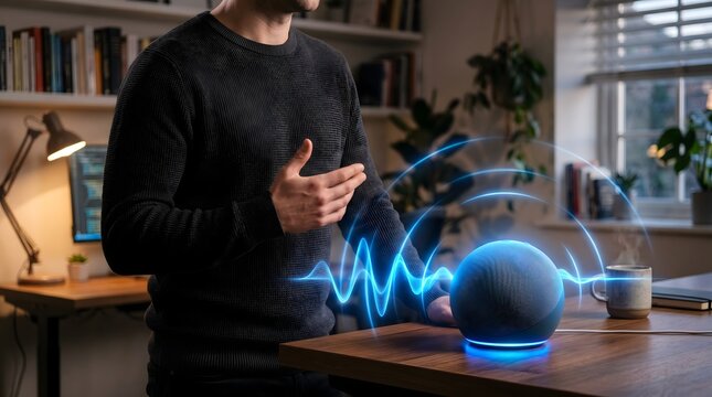 Man interacting with smart speaker emitting blue sound waves