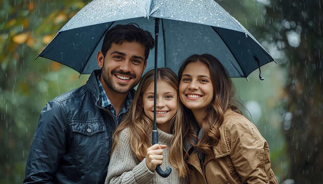 A happy family concept, protected by an umbrella. They are smiling and life is beautiful despite the rain and troubles 