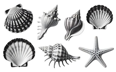 Fototapeta premium black and white seashells and starfish on white background